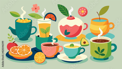 A selection of artisanal teas from fruity and floral blends to bold and robust varieties all served in delicate teacups.. Vector illustration