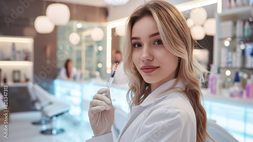 Free Download Young female cosmetologist in a white coat with a syringe in her hand in a cosmetology salon - GFXLoad