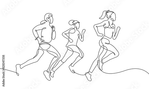 Runners Group One Line Drawing. Running Concept Abstract Minimal Drawing. Athlete Continuous One Line Illustration. Activity Lifestyle Modern Trendy Contour Drawing. Vector EPS 10.