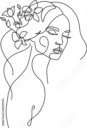 Female Silhouette with Flowers One Line Vector Drawing. Style Template with Female Floral Face. Woman Silhouette in Modern Minimalist Simple Linear Style for Beauty and Fashion Design