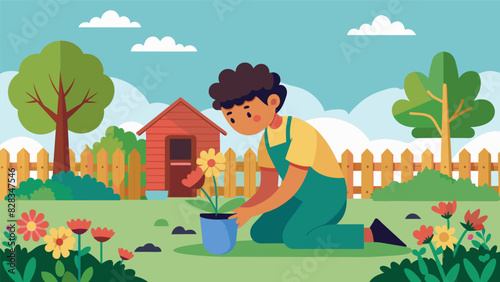 A teen who struggles with depression takes refuge in their backyard garden finding solace in the peace and quiet of tending to their flower beds.. Vector illustration