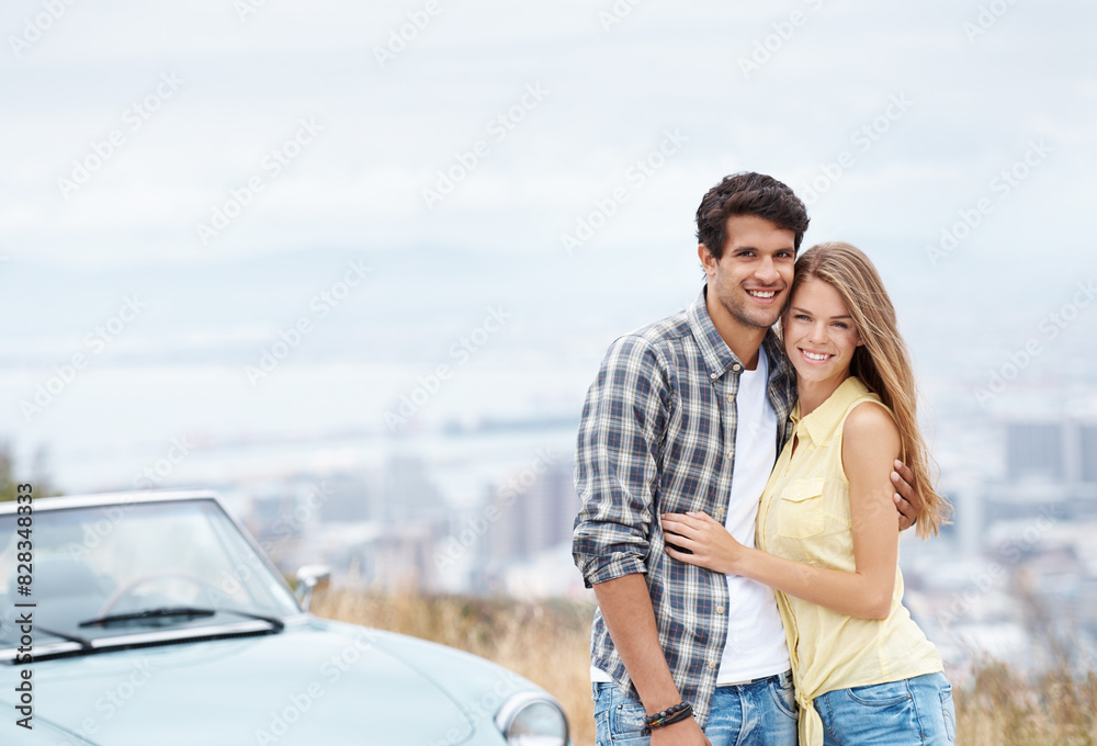 Portrait, love or happy couple hug on road trip on holiday together for break, romance or adventure in park. Relax, convertible or people in car vehicle for outdoor vacation for journey or honeymoon Portrait, love or happy couple hug on road trip on holiday together for break, romance or adventure in park. Relax, convertible or people in car vehicle for outdoor vacation for journey or honeymoon