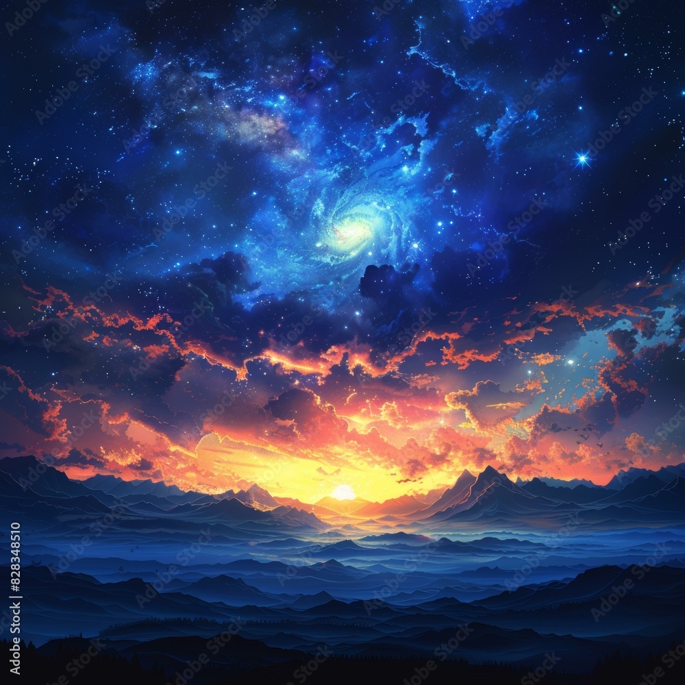 Celestial Sunset over the Mountain Landscape Celestial Sunset over the Mountain Landscape