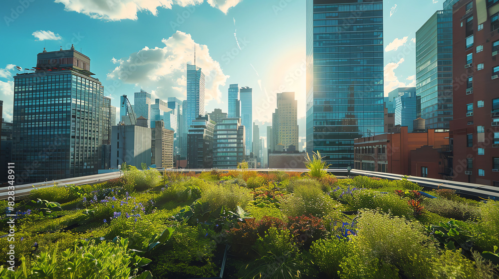 The image is of an urban rooftop garden with plants and grass, with a city skyline in the background.

