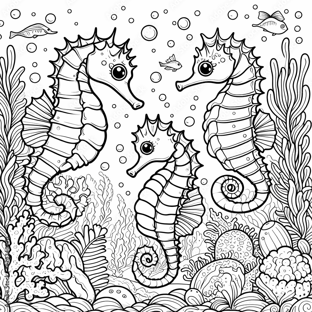 Fototapeta premium Seahorses in Underwater Scene - Kids' Coloring Book Page