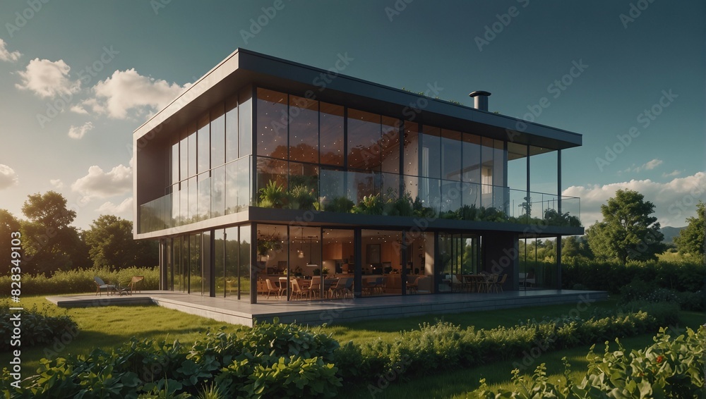 Modern Glass-Walled House with Balcony Garden and Lush Green Surroundings at Sunset
