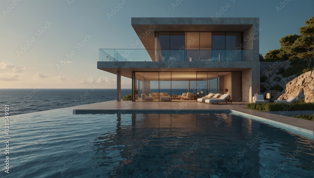 Modern Luxury Villa with Infinity Pool and Ocean View at Sunset in Serene Location Modern Luxury Villa with Infinity Pool and Ocean View at Sunset in Serene Location