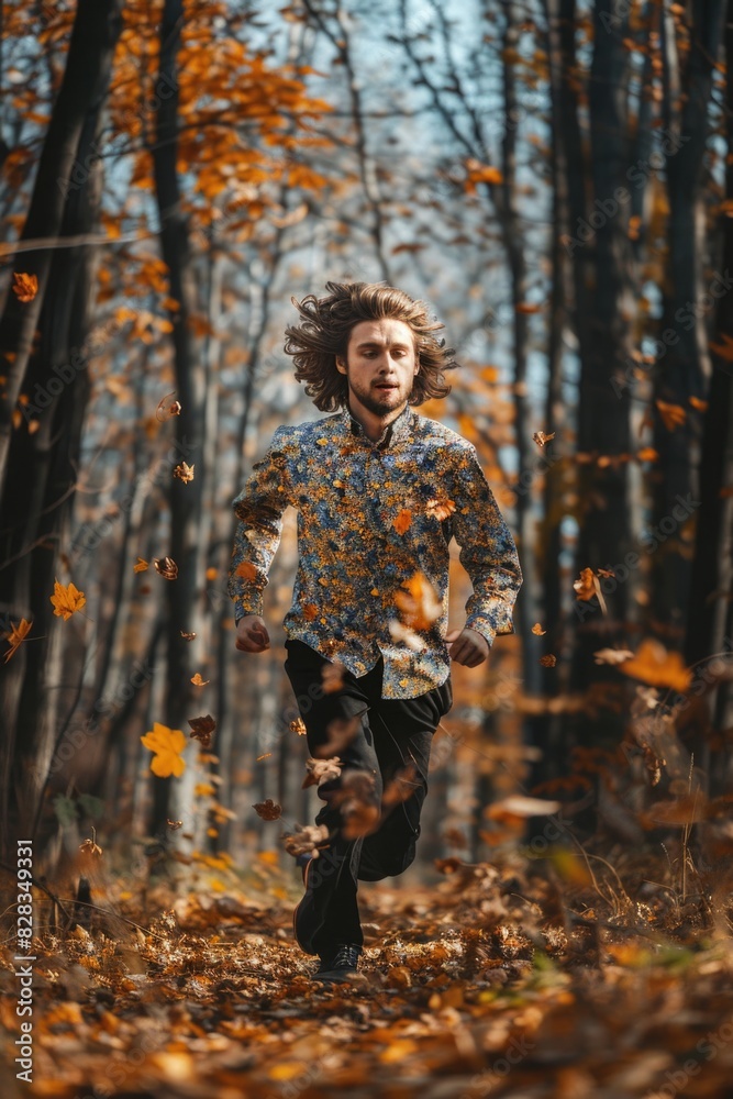 A man running through a forest in the fall. Suitable for outdoor and adventure themes A man running through a forest in the fall. Suitable for outdoor and adventure themes