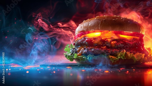 A burger with a glowing red cheese and tomato on top