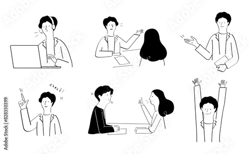 ビジネスマンのイラストポーズ集。相談、案内すす、チェックを促す、説明する、オンライン通話
