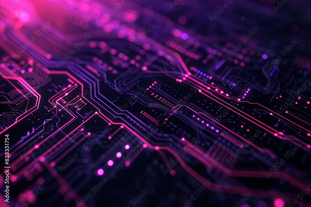 Futuristic circuit board with vibrant purple and pink lighting, showcasing the intricate design of modern technology Futuristic circuit board with vibrant purple and pink lighting, showcasing the intricate design of modern technology