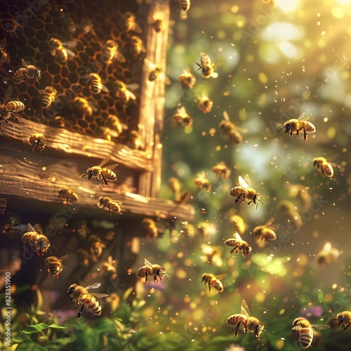 Hive of Busy Bees in a Sunlit Beehive photo