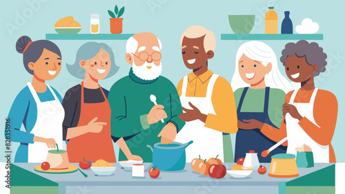 A group of seniors enjoying a cooking class where they learn how to make new and exciting recipes.. Vector illustration