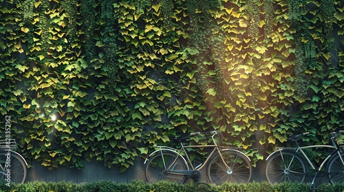 Stone wall with climbing flowers and green grass next to a bicycle leaning against it photo