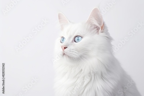Large, beautiful white fluffy cat on a white background.