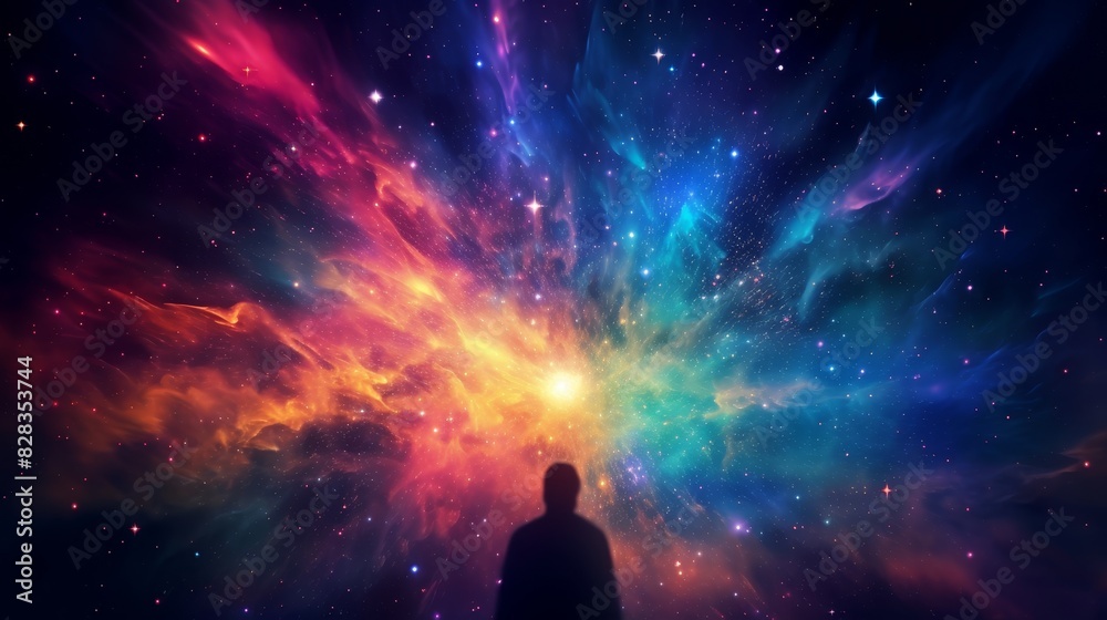 Obraz premium Colorful galaxy, close up, focus on, copy space, vibrant colors, Double exposure silhouette with spectrum