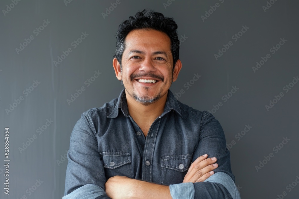 Obraz premium A cheerful man standing with his arms folded. Perfect for business and lifestyle concepts