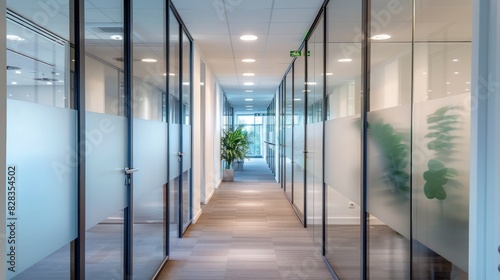 An office hallway featuring tall, soundproof glass partitions and recessed lighting, creating a tranquil and bright corridor.