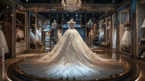 A large  white wedding dress is displayed in a retail store.  