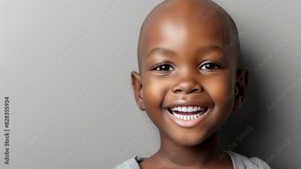 A child battling cancer. Portrait of  African American  patient after chemotherapy. A smiling child without hair on head. Bokeh in the background. International Childhood Cancer Day.