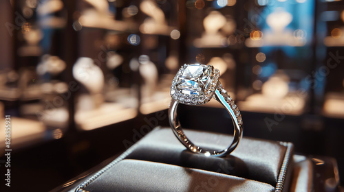 A close up of a diamond ring on a white pedestal. There are blurred shelves of jewelry in the background.