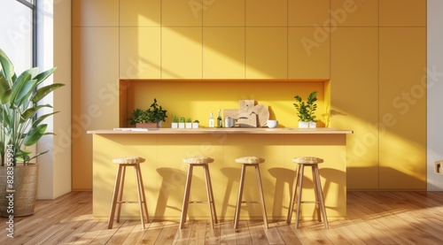 Minimal yellow kitchen featuring soft yellow cabinetry  natural wooden floors  and minimalist bar stools