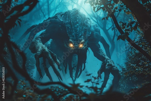 A terrifying monster lurks in the dark forest, its eyes glowing with an evil light. AI. photo