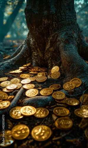 Golden coins scattered on the ground near a large tree trunk, with a blurred forest background. AI.