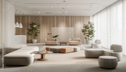 A wide-angle view of a minimalist office lounge area with acoustic-friendly soft furnishings and a calm  neutral color palette.