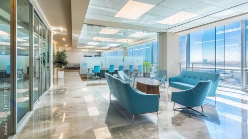 Bright and Airy Corporate Space with Sky Blue Furniture and Glass Walls for Maximum Natural Light © Creative artist1