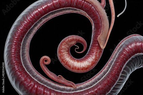 This image shows a close-up of a red worm, a type of roundworm. AI. photo
