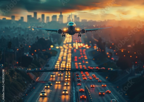 Airplane flying low over a busy highway at sunset. AI.