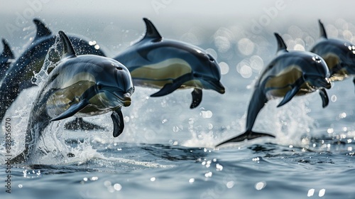A pod of dolphins leaping out of the water. AI. photo