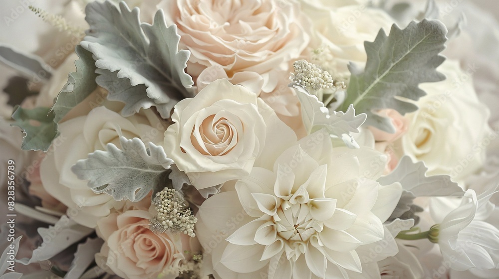 Floral Bouquet with Greenery and Baby's Breath on a White Tablecloth Floral Bouquet with Greenery and Baby's Breath on a White Tablecloth
