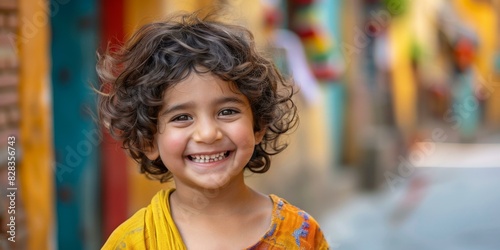 Portrait of a happy smiling little girl with curly hair. AI. photo