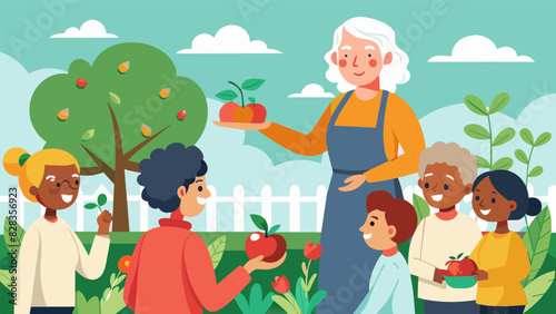 An enthusiastic elderly woman leads a gardening workshop for her fellow seniors in the community garden teaching them how to properly prune a tomato plant.. Vector illustration