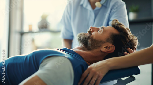 Chiropractic Adjustment: A chiropractor performing an adjustment on a patient. Dynamic and dramatic composition, with cope space photo