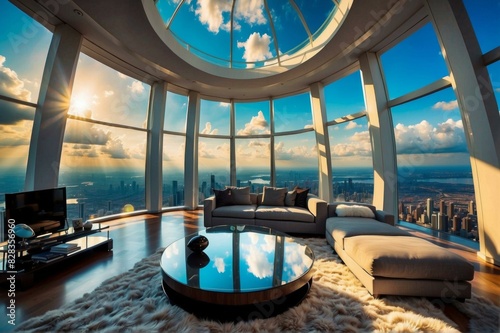 Luxurious living room with a stunning city view. AI.