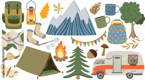 Camping and hiking items set. Adventure nature clipart. Isolated elements, summer vacation illustrations photo