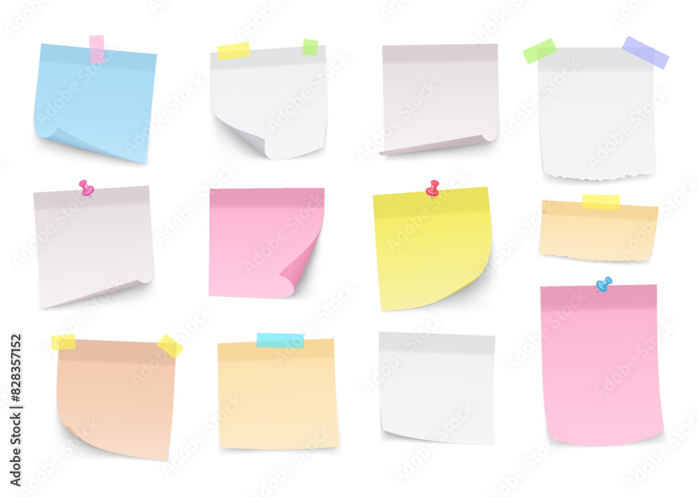 Paper notes with curved corners. Blank sticky sheets of paper, notepad, reminders, information board with messages.