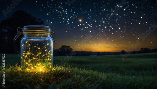Magical Evening: Child Discovering Fireflies in a Jar
