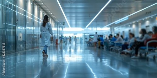 Doctor walking down a busy hospital corridor. AI.