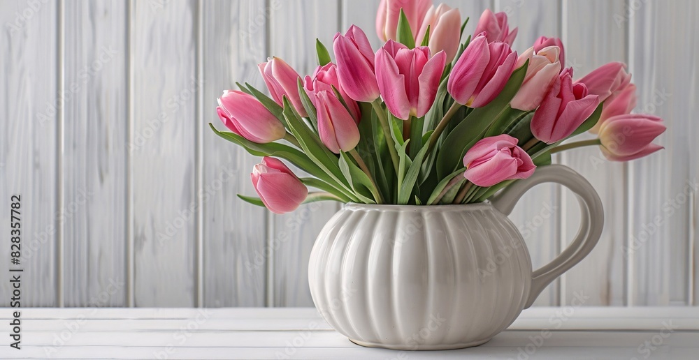 Vibrant Pink Tulips in a White Mug