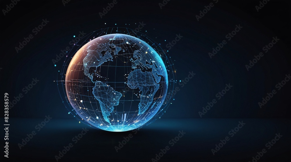Fototapeta premium Abstract blue world map concept with network lines, representing global internet connections across continentss