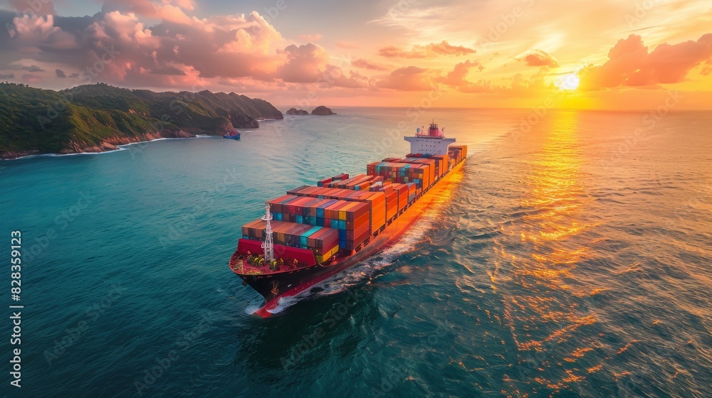 Obraz premium Aerial view from drone, Container ship or cargo shipping business logistic import and export freight transportation by container ship in open sea, Container loading cargo freight ship boat