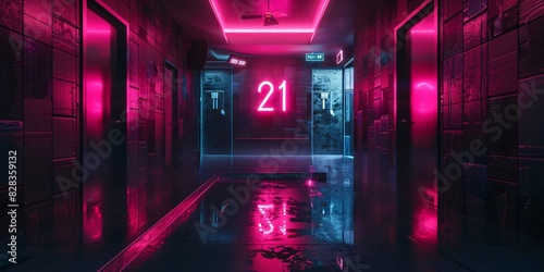 Vibrant Neon-lit Hallway in a Club or Bar