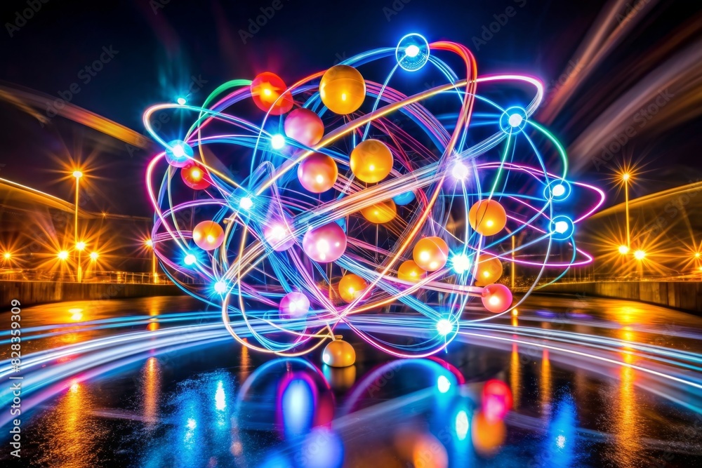 Light trails forming the shapes of molecules, with long exposure effects creating a sense of movement and energy, set against a dark background for contrast. Light trails forming the shapes of molecules, with long exposure effects creating a sense of movement and energy, set against a dark background for contrast.