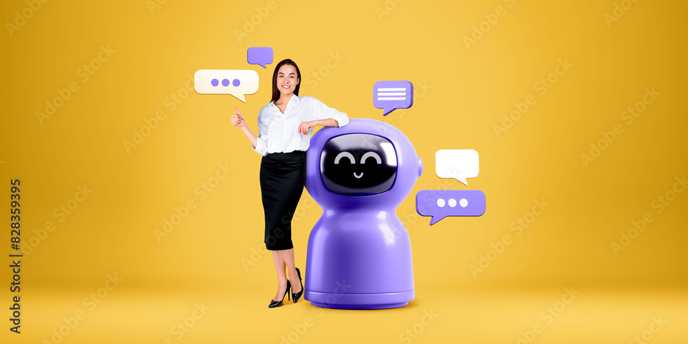 Woman standing near smiling AI robot, text or speech bubbles