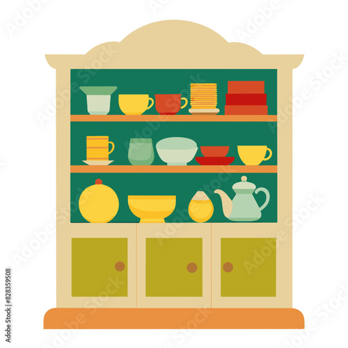  vector illustration of a wooden china cabinet with glass doors and shelves filled with dishes and glassware