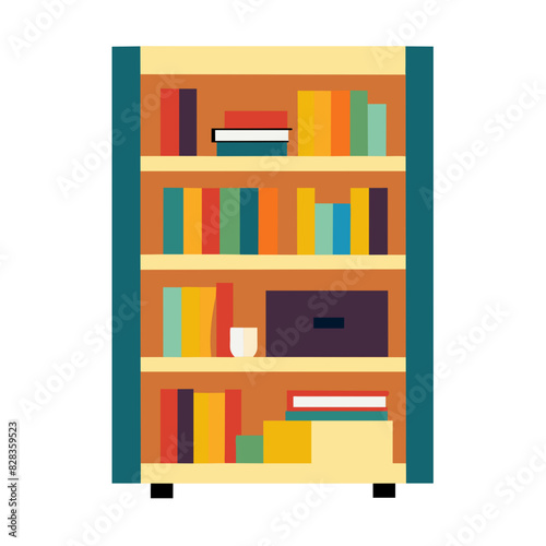  vector illustration of a brown wooden bookshelf filled with various books